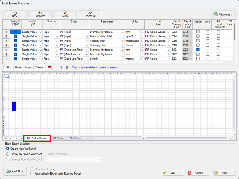 Screen shot of the Excel Export Manager window